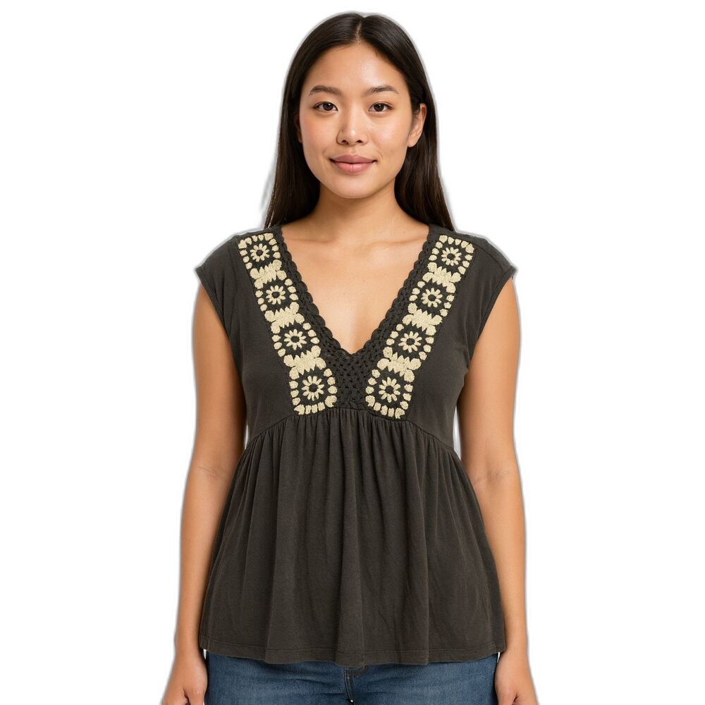 Lucky Brand V Neck Top Size M Crochet V Neck Granny Square